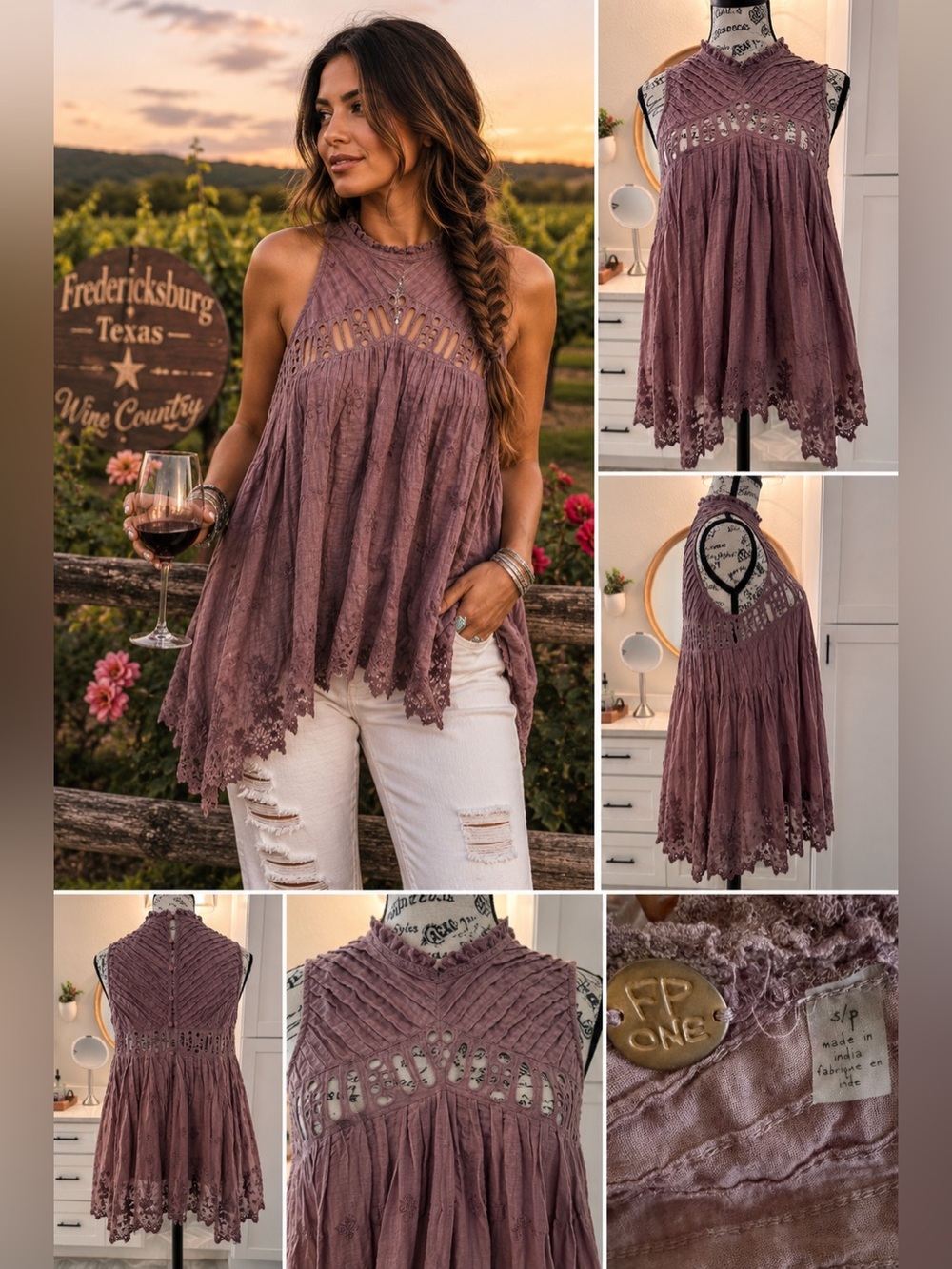 Free People Eloise Lace Crochet Tank Top - Mauve Berry - Size Small